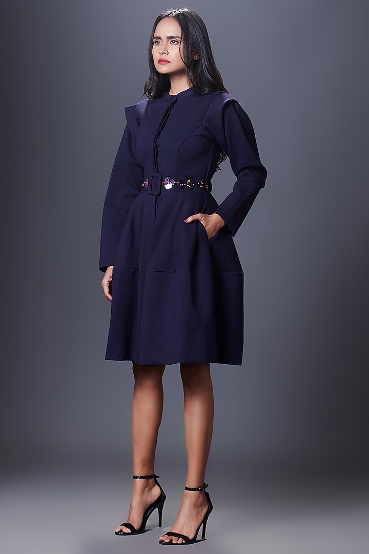 Navy Blue Ponte Roma Jacket Summer Dress With Belt by Deepika Arora at Pernia's Pop Up Shop