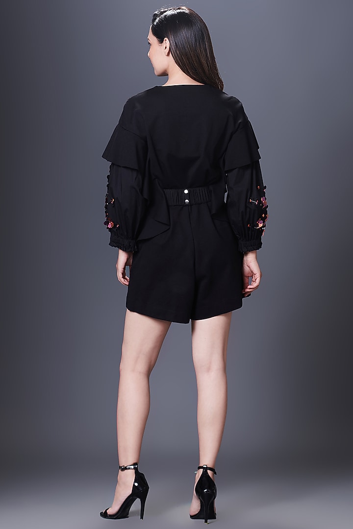 Black Ponte Roma Hand Embroidered Playsuit With Belt by Deepika Arora at Pernia's Pop Up Shop