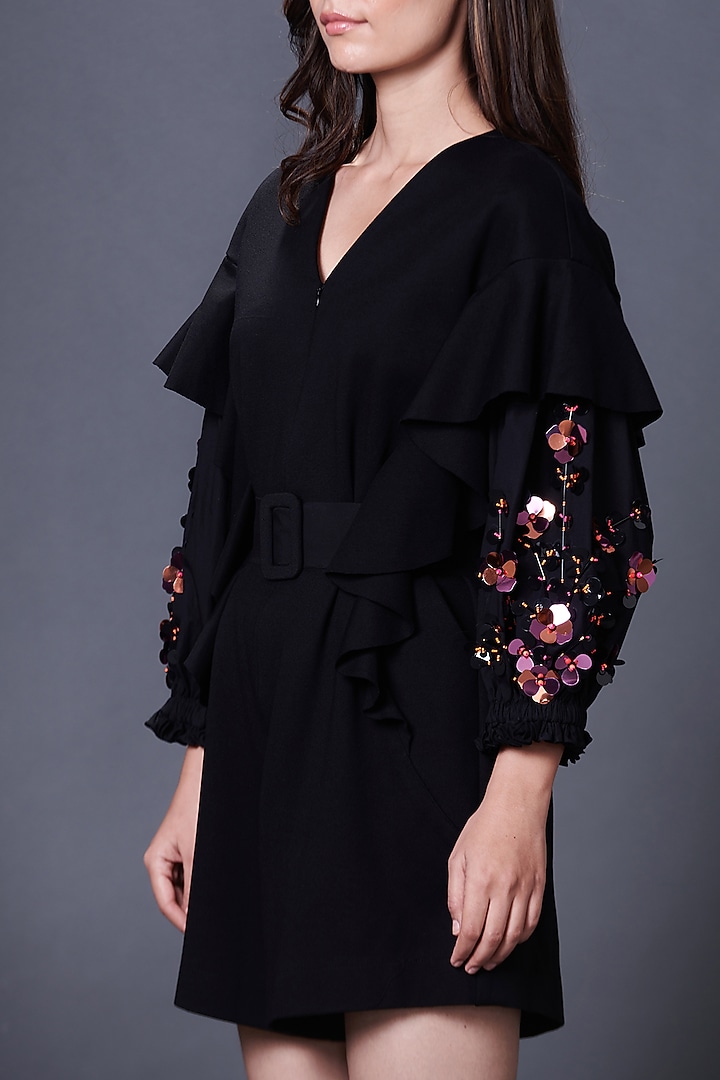 Black Ponte Roma Hand Embroidered Playsuit With Belt by Deepika Arora at Pernia's Pop Up Shop