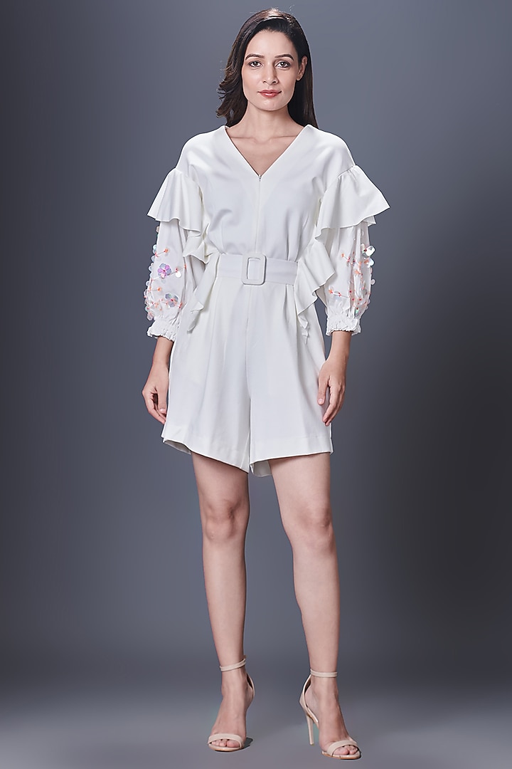 White Ponte Roma Hand Embroidered Playsuit With Belt by Deepika Arora