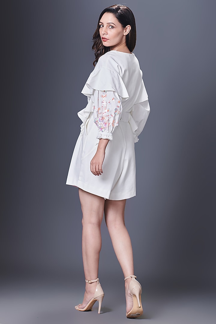 White Ponte Roma Hand Embroidered Playsuit With Belt by Deepika Arora at Pernia's Pop Up Shop