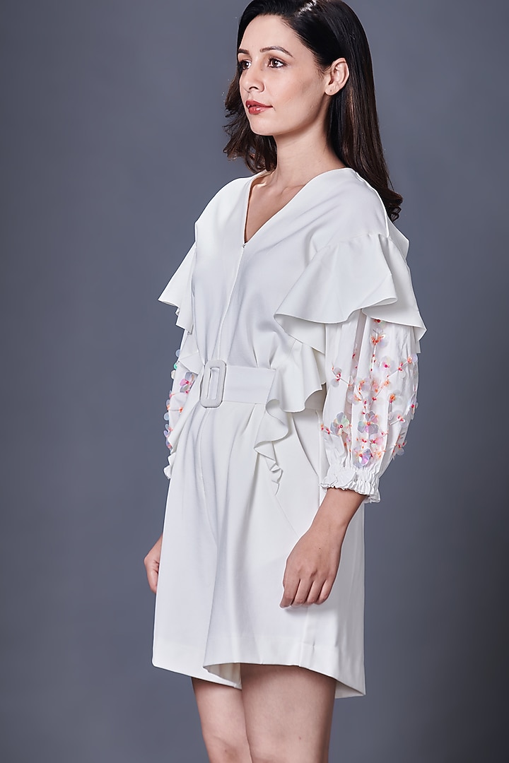 White Ponte Roma Hand Embroidered Playsuit With Belt by Deepika Arora at Pernia's Pop Up Shop