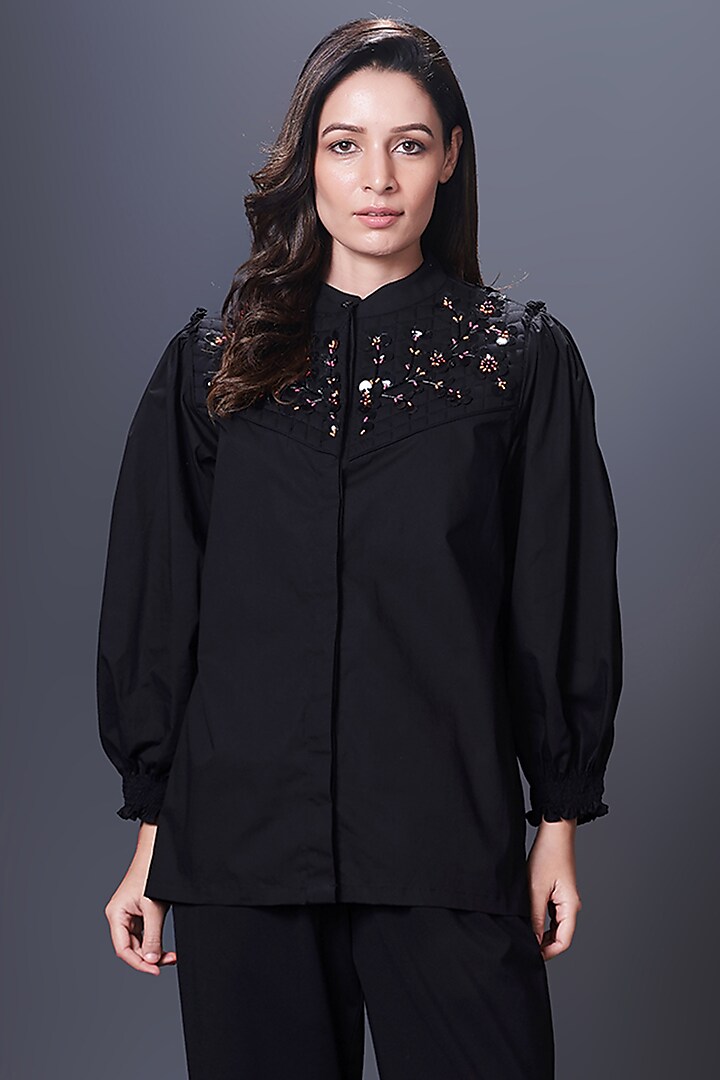 Black Cotton Hand Embroidered Jacket Style Top by Deepika Arora at Pernia's Pop Up Shop