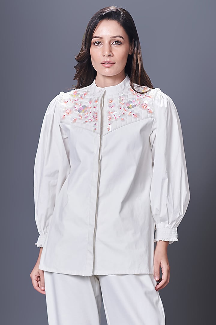 White Cotton Hand Embroidered Jacket Style Top by Deepika Arora at Pernia's Pop Up Shop