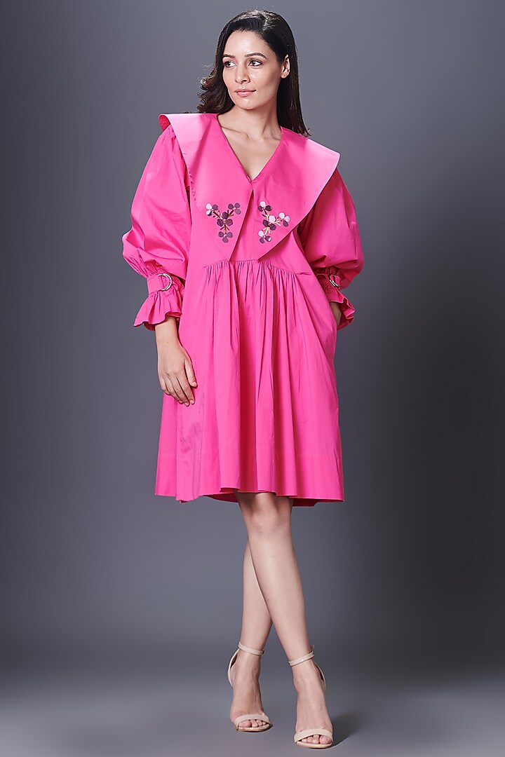Pink Cotton Hand Embroidered Dress by Deepika Arora