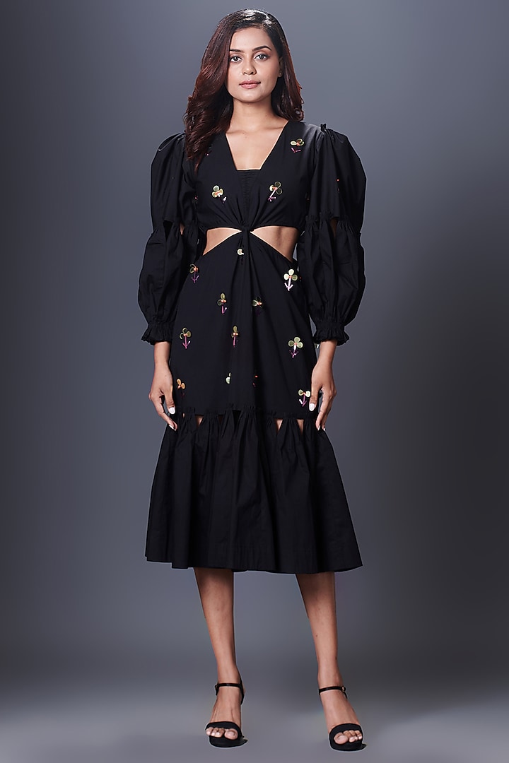 Black Cotton Hand Embroidered Cut-Out Dress by Deepika Arora