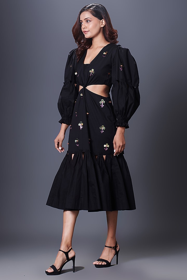 Black Cotton Hand Embroidered Cut-Out Summer Dress by Deepika Arora at Pernia's Pop Up Shop