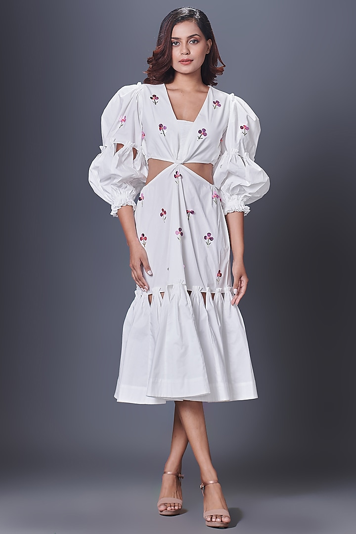White Cotton Hand Embroidered Cut-Out Dress by Deepika Arora