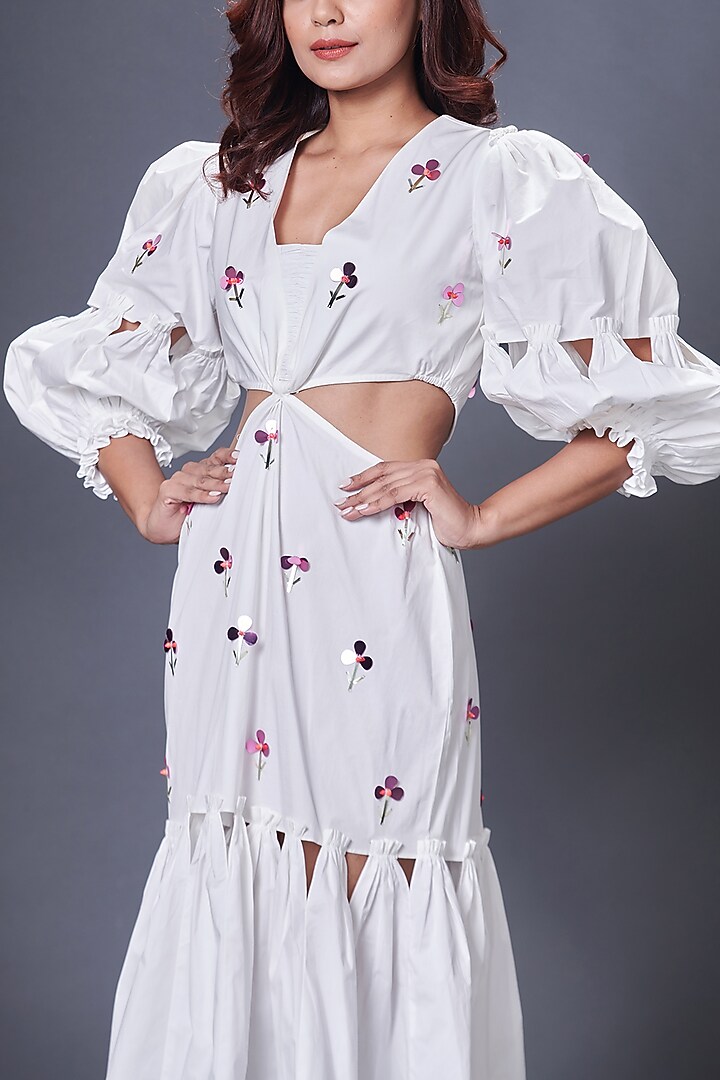 White Cotton Hand Embroidered Cut-Out Summer Dress by Deepika Arora at Pernia's Pop Up Shop
