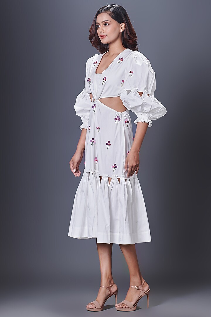 White Cotton Hand Embroidered Cut-Out Summer Dress by Deepika Arora at Pernia's Pop Up Shop