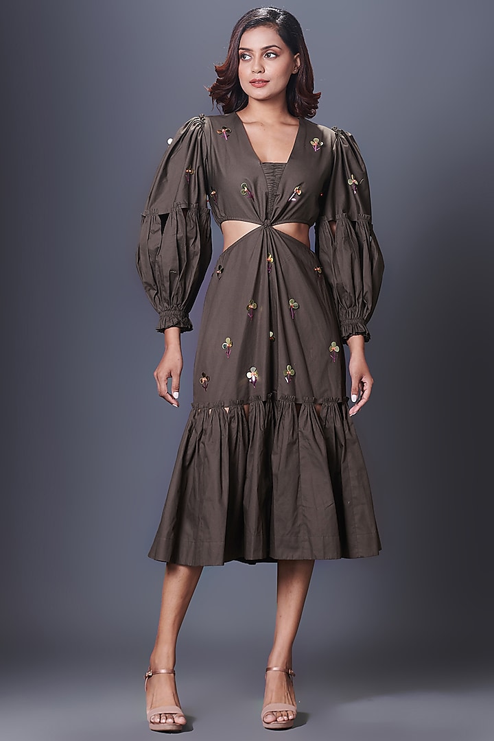 Olive Green Cotton Hand Embroidered Cut-Out Dress by Deepika Arora