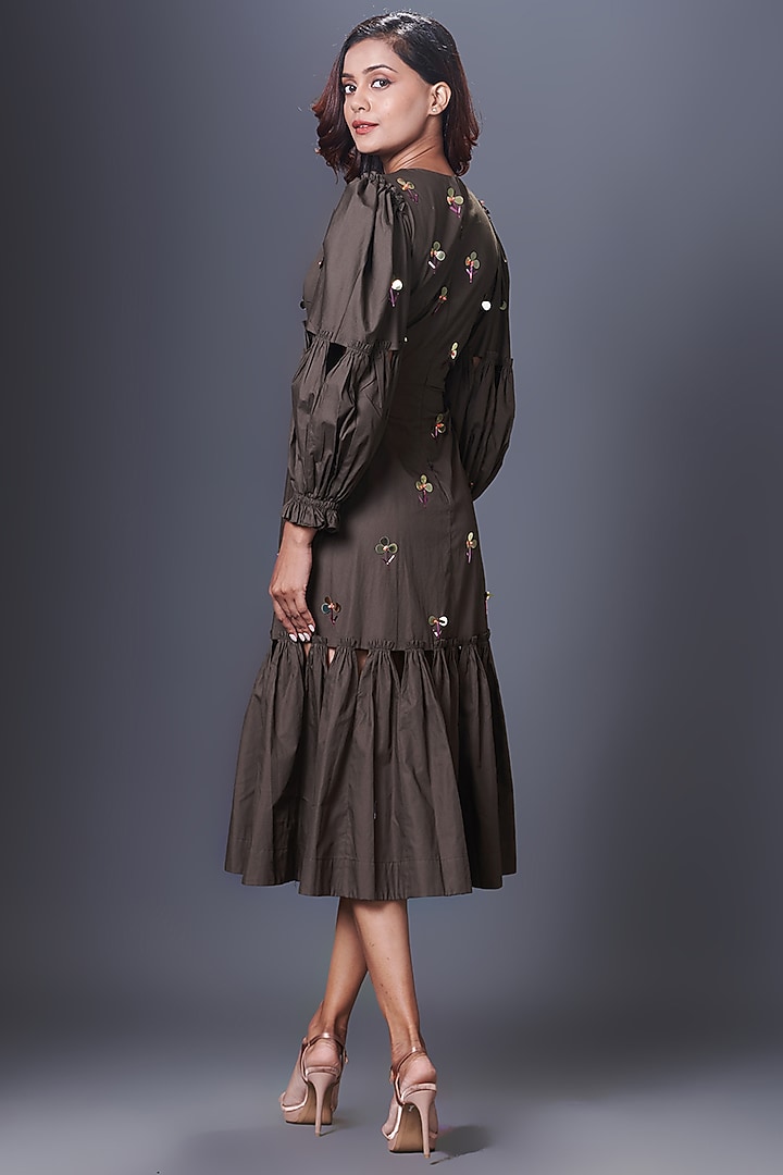 Olive Green Cotton Hand Embroidered Cut-Out Summer Dress by Deepika Arora at Pernia's Pop Up Shop