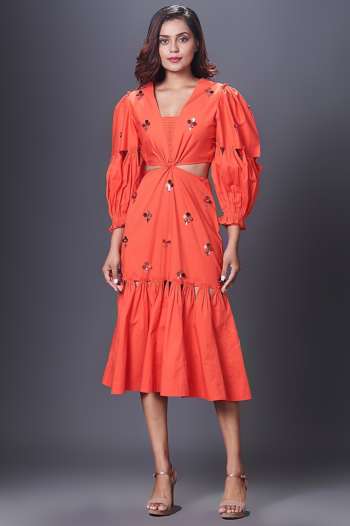 Orange Cotton Hand Embroidered Cut-Out Dress by Deepika Arora