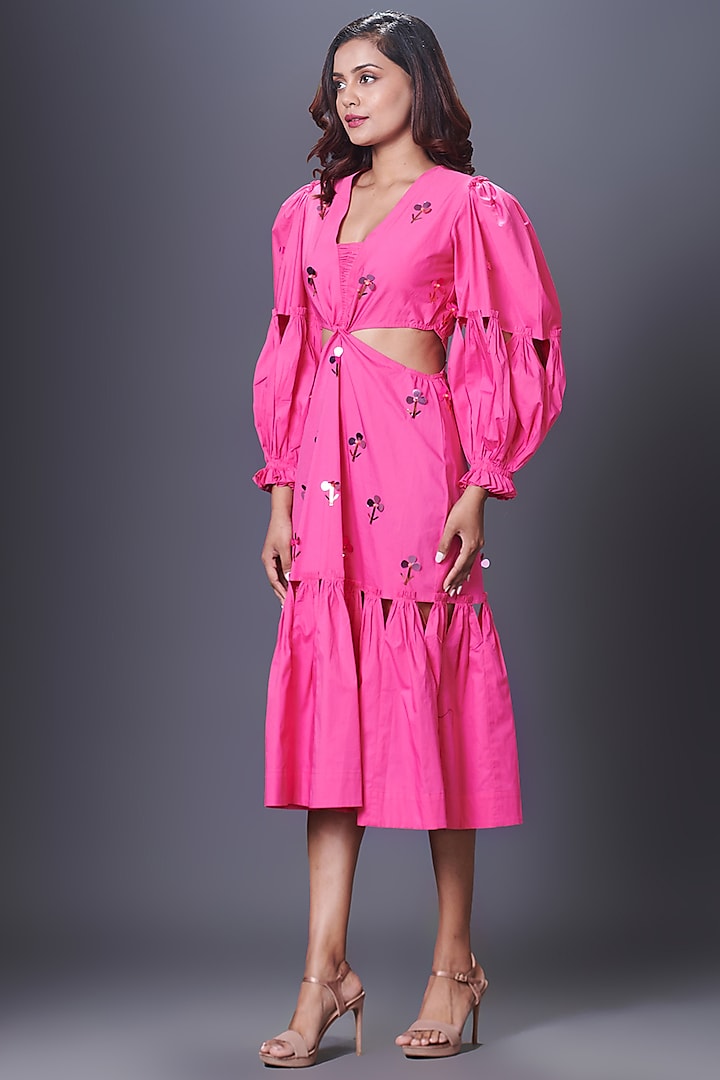 Pink Cotton Hand Embroidered Cut-Out Dress by Deepika Arora