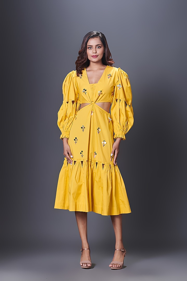 Yellow Cotton Hand Embroidered Cut-Out Dress by Deepika Arora