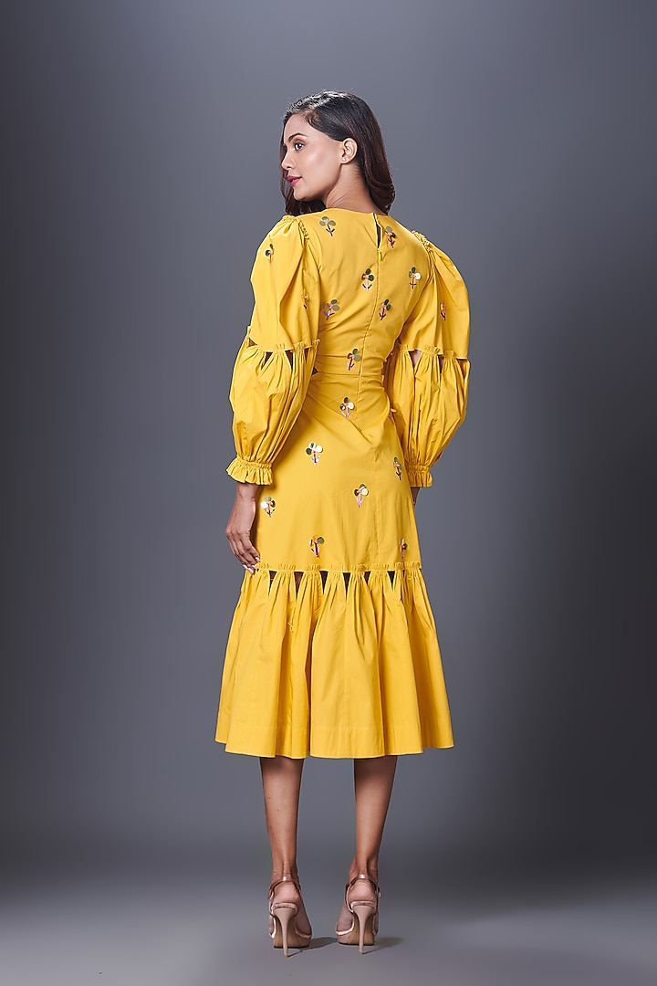 Yellow Cotton Hand Embroidered Cut-Out Summer Dress by Deepika Arora at Pernia's Pop Up Shop