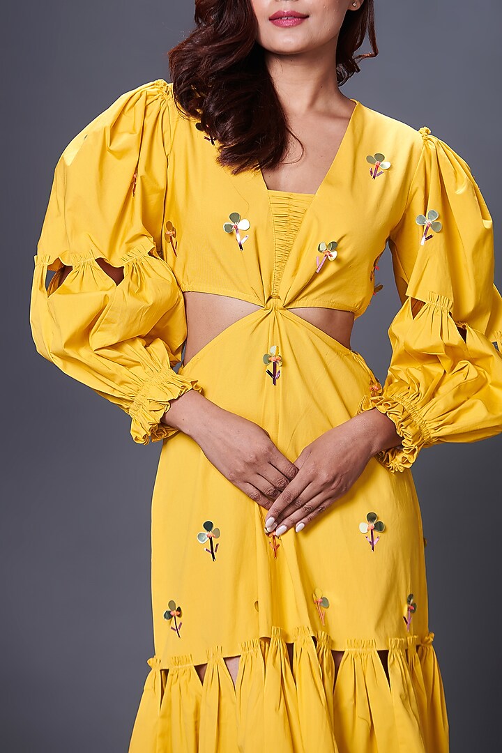 Yellow Cotton Hand Embroidered Cut-Out Summer Dress by Deepika Arora at Pernia's Pop Up Shop