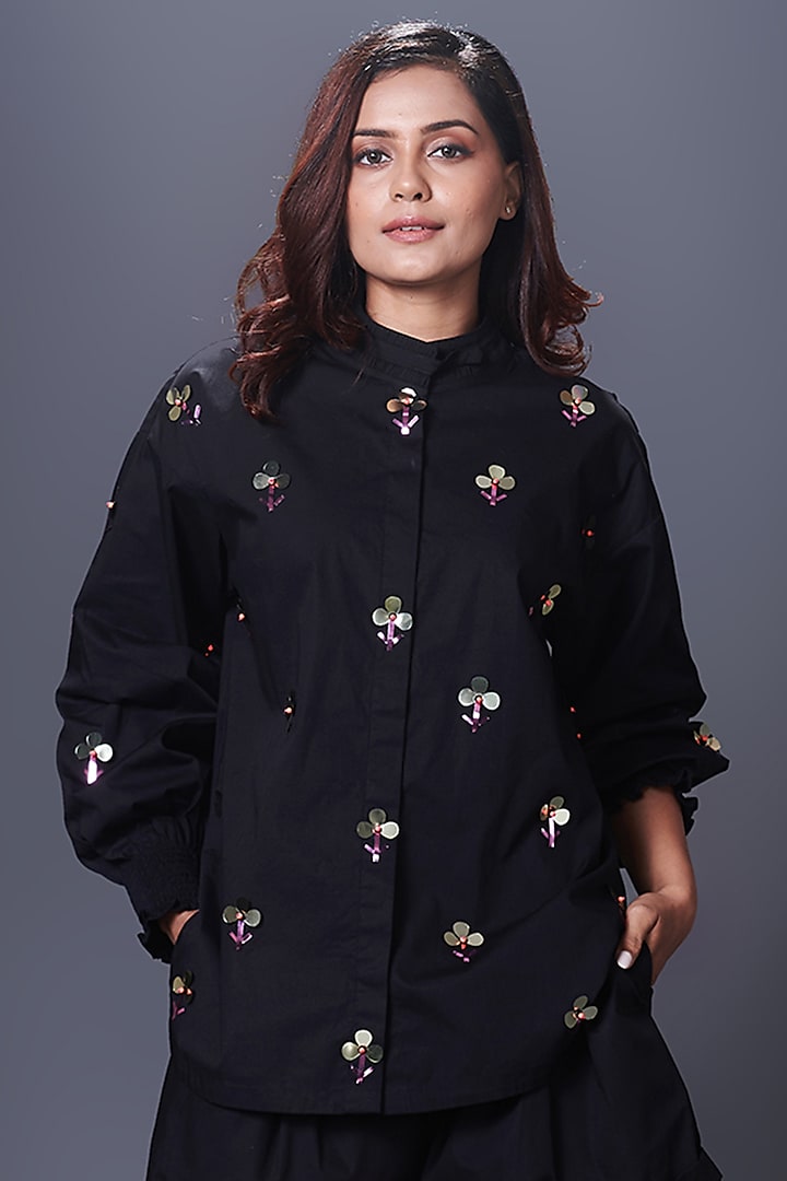 Black Cotton Hand Embroidered Shirt by Deepika Arora