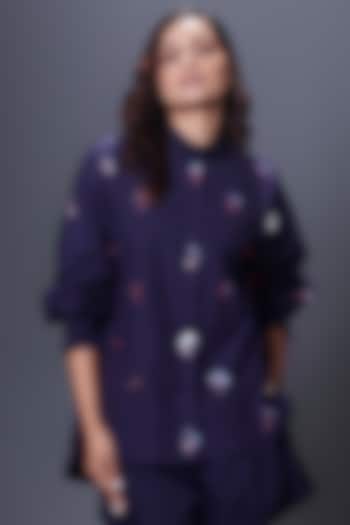 Navy Blue Cotton Hand Embroidered Shirt by Deepika Arora at Pernia's Pop Up Shop