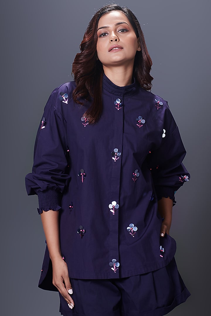 Navy Blue Cotton Hand Embroidered Shirt by Deepika Arora at Pernia's Pop Up Shop