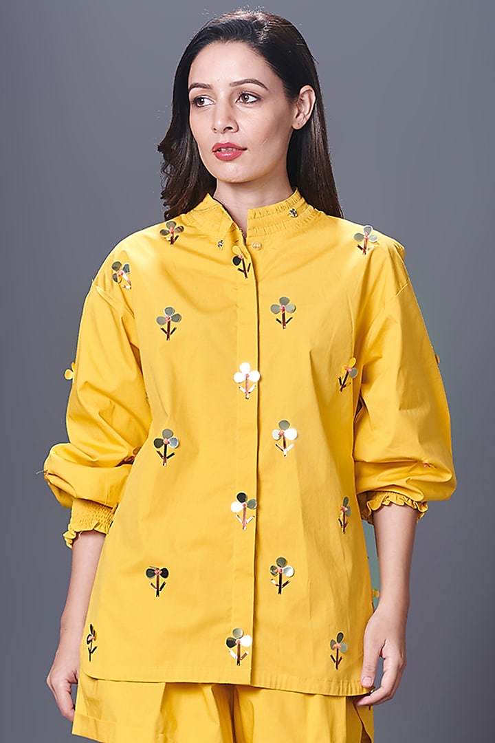Yellow Cotton Hand Embroidered Shirt by Deepika Arora