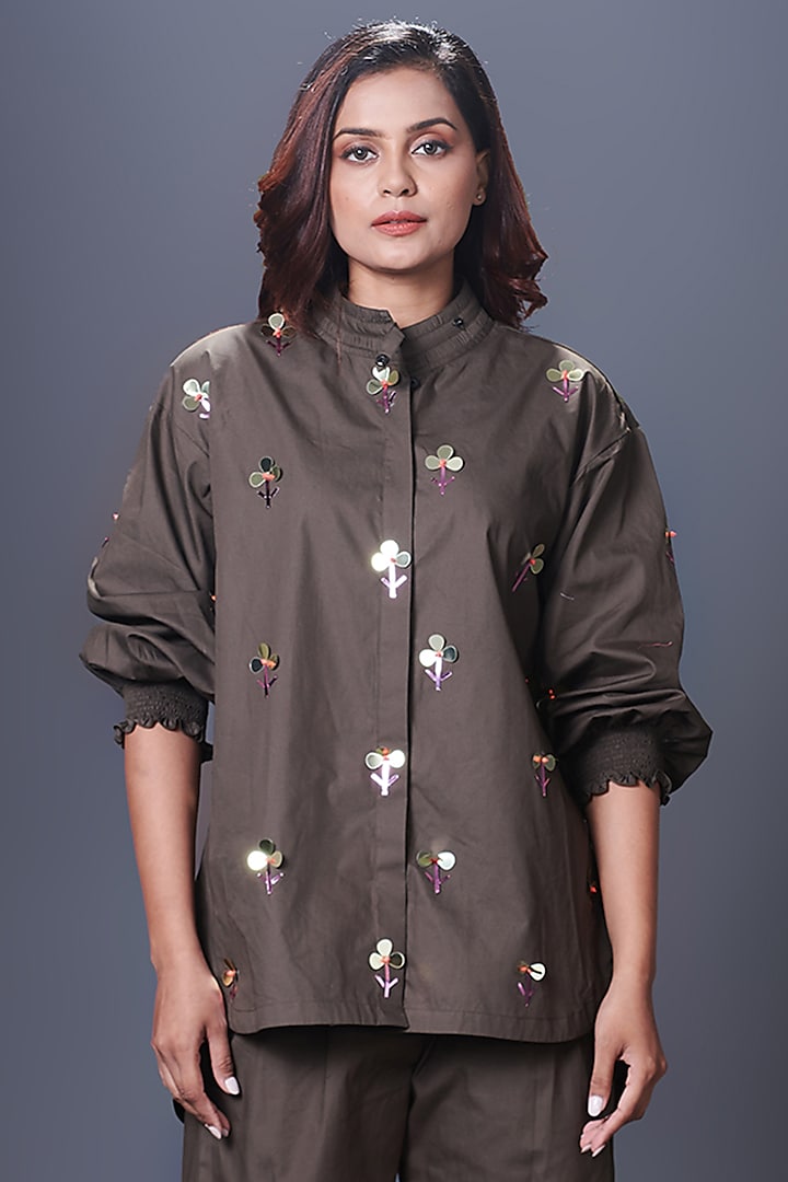 Olive Green Cotton Hand Embroidered Shirt by Deepika Arora