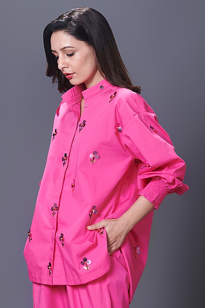 Pink Cotton Hand Embroidered Shirt by Deepika Arora