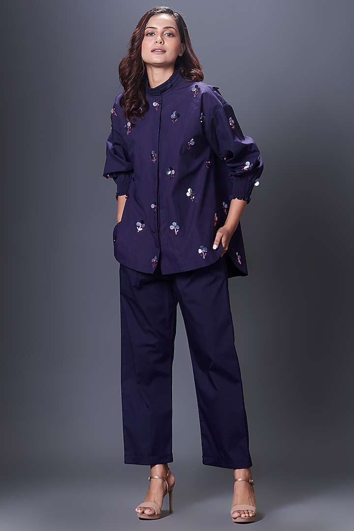 Navy Blue Cotton Hand Embroidered Co-Ord Set by Deepika Arora