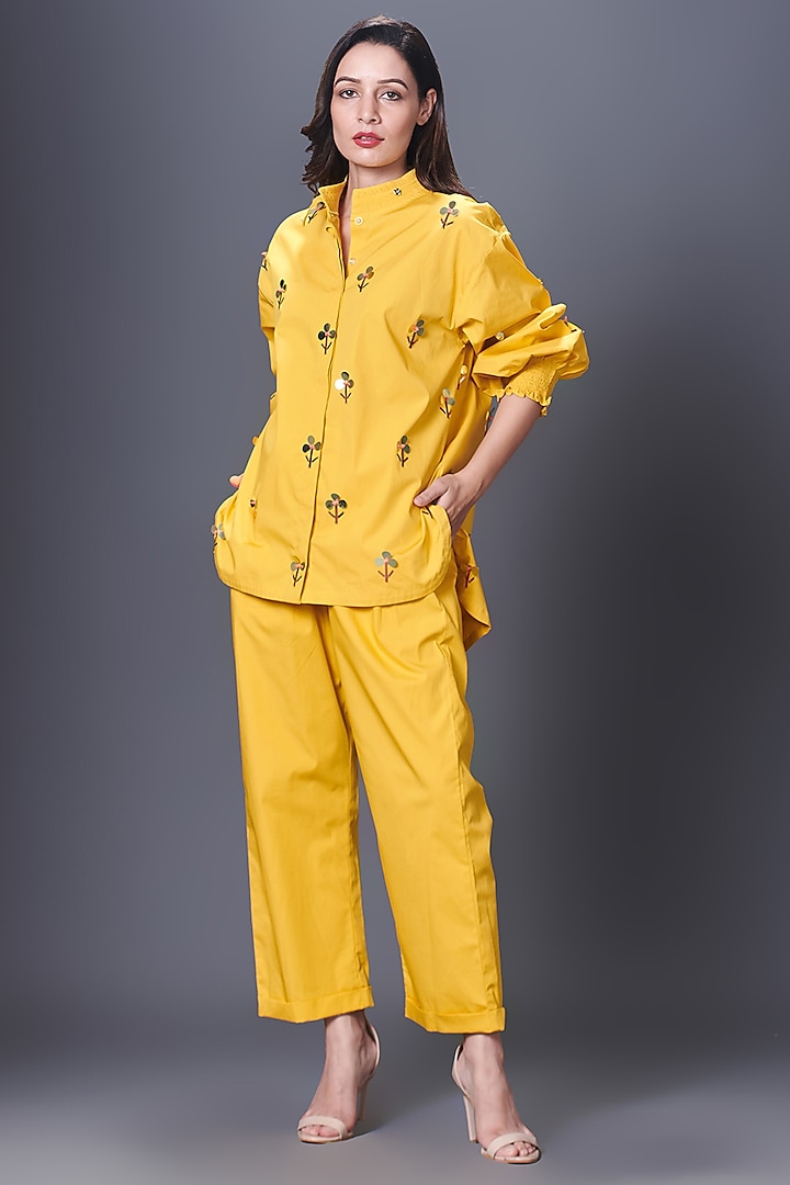Yellow Cotton Hand Embroidered Co-Ord Set by Deepika Arora