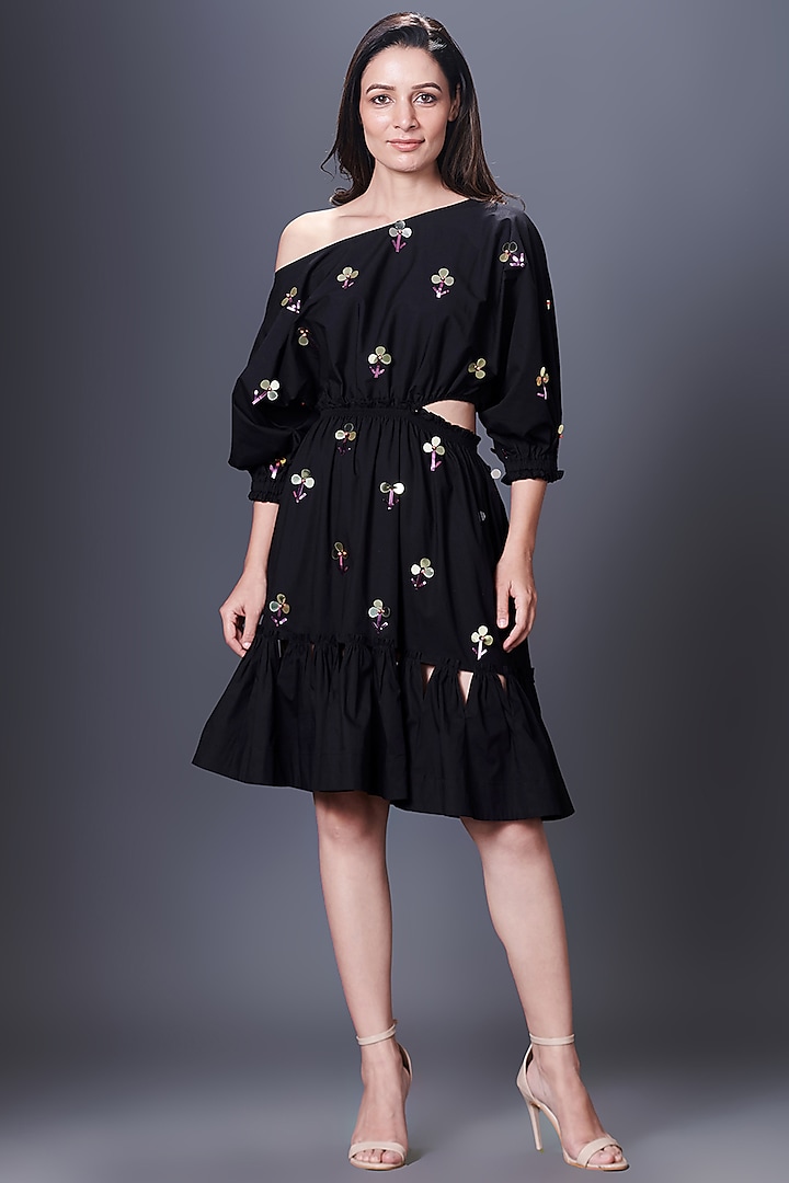 Black Cotton Hand Embroidered Off-Shoulder Dress by Deepika Arora