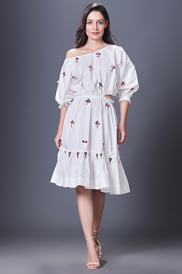 White Cotton Hand Embroidered Off-Shoulder Dress by Deepika Arora