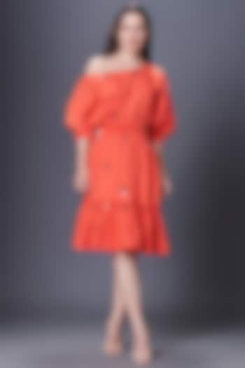 Orange Cotton Hand Embroidered Off-Shoulder Dress by Deepika Arora