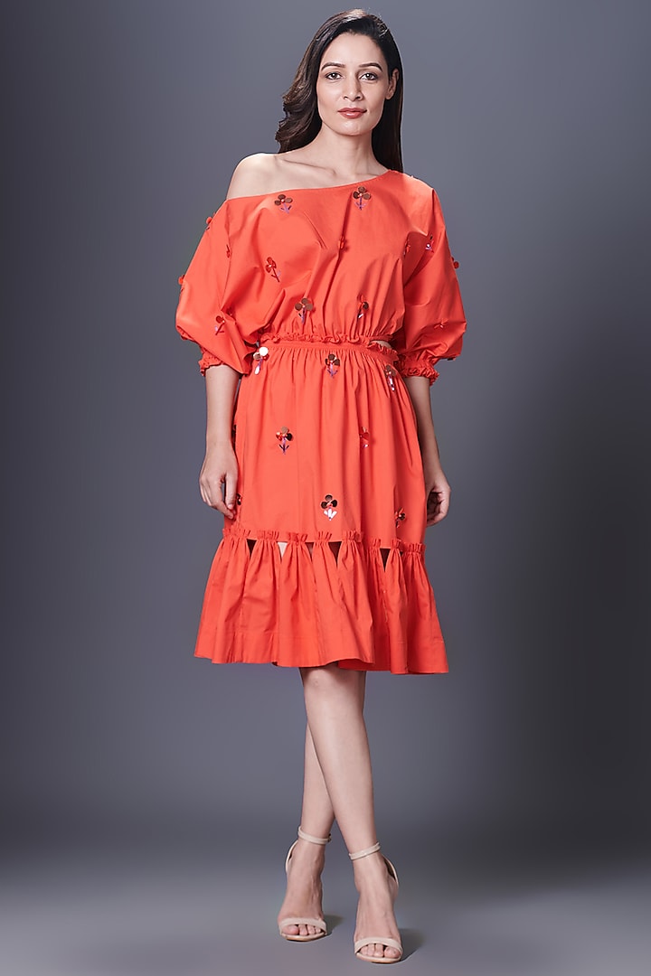 Orange Cotton Hand Embroidered Off-Shoulder Dress by Deepika Arora