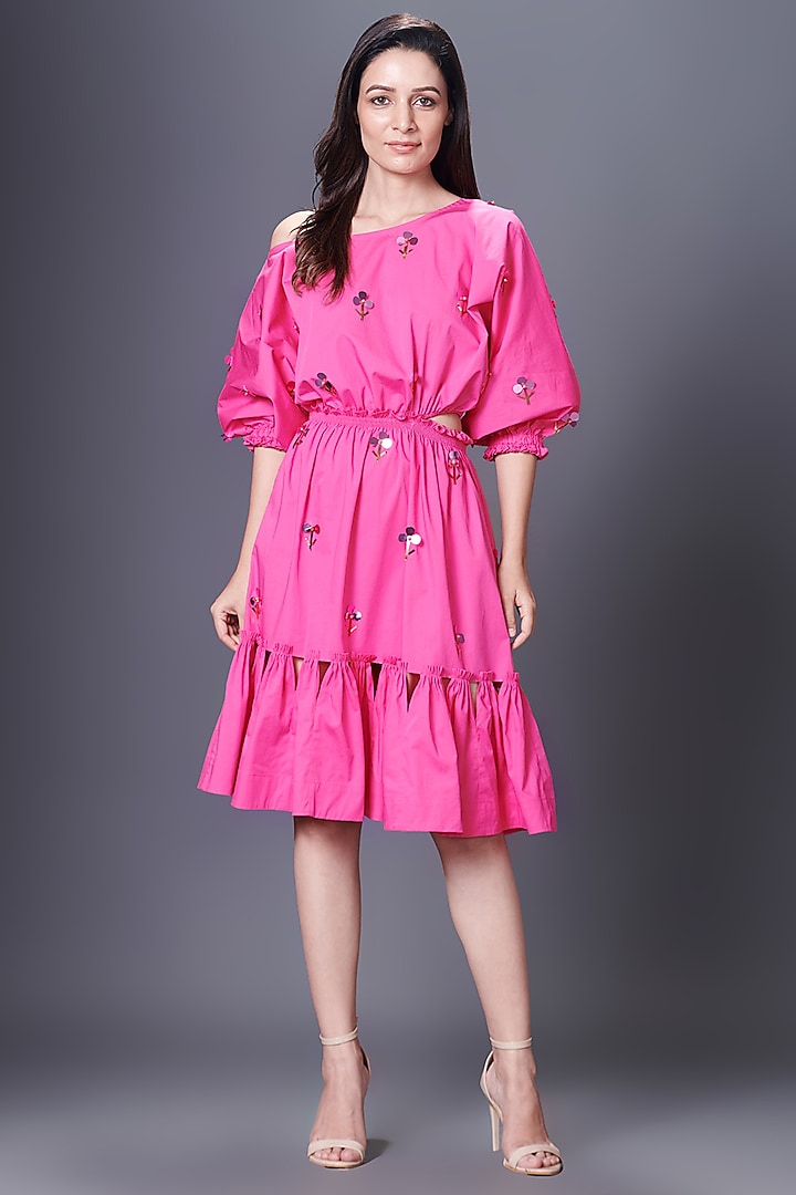Pink Cotton Hand Embroidered Off-Shoulder Dress by Deepika Arora