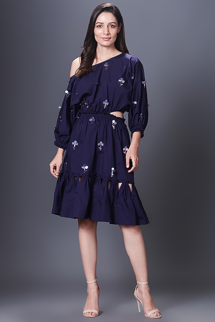 Purple Cotton Hand Embroidered Off-Shoulder Dress by Deepika Arora