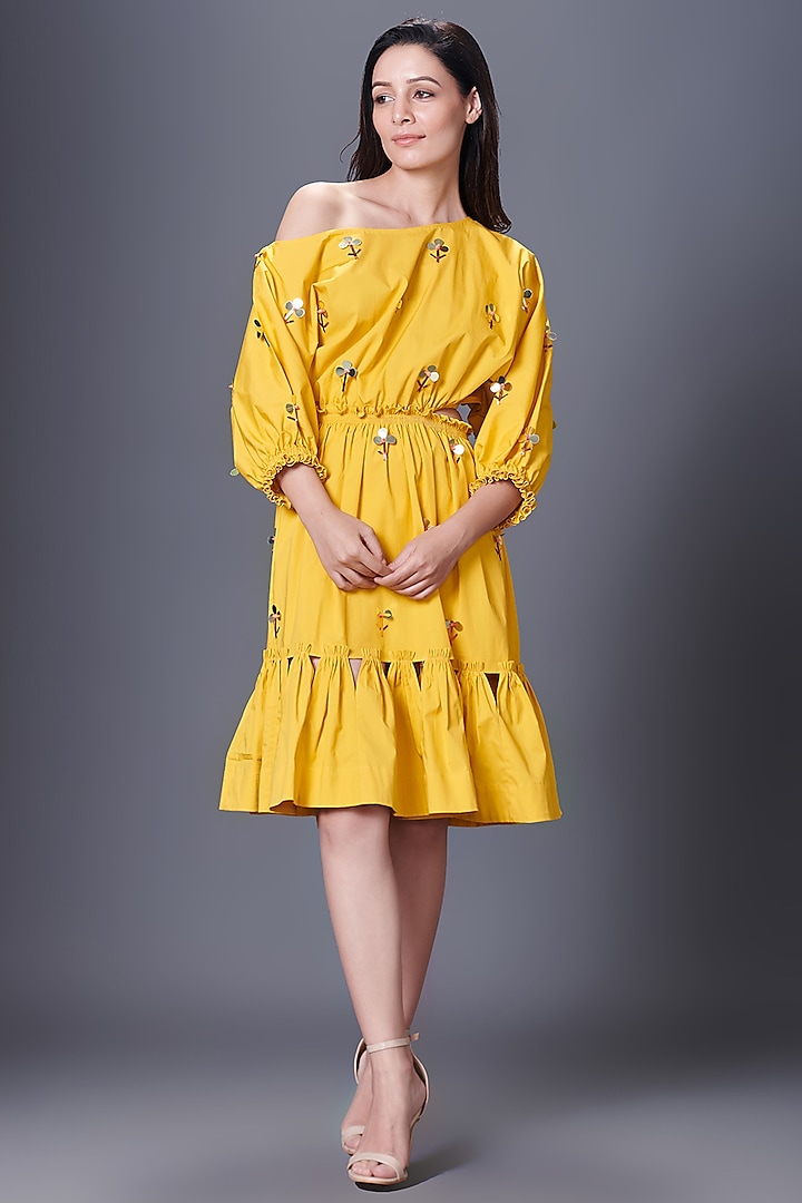 Yellow Cotton Hand Embroidered Off-Shoulder Dress by Deepika Arora