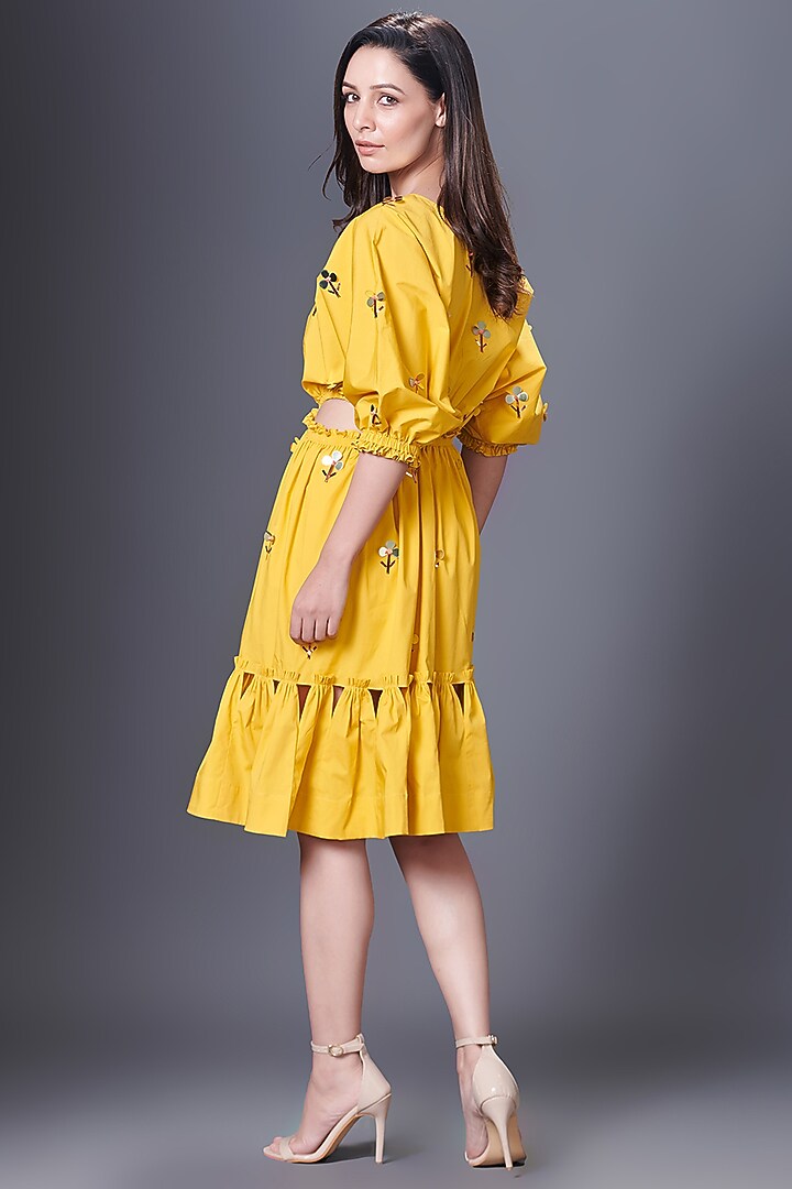 Yellow Cotton Hand Embroidered Off-Shoulder Summer Dress by Deepika Arora at Pernia's Pop Up Shop