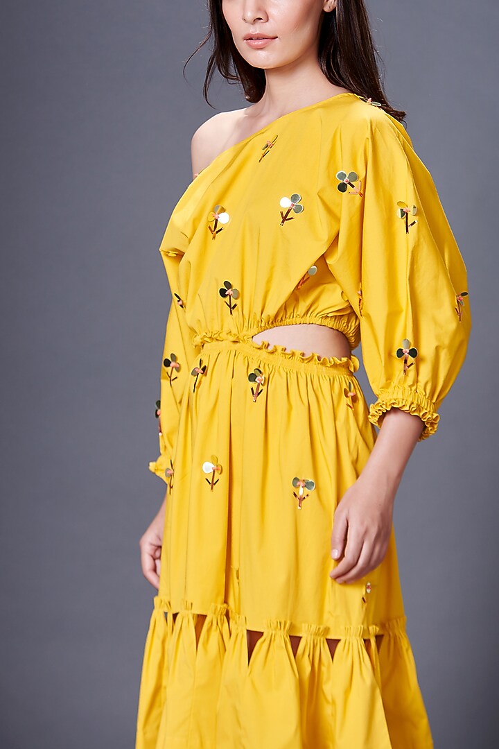 Yellow Cotton Hand Embroidered Off-Shoulder Summer Dress by Deepika Arora at Pernia's Pop Up Shop