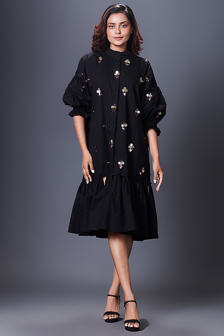 Black Cotton Hand Embroidered Dress by Deepika Arora