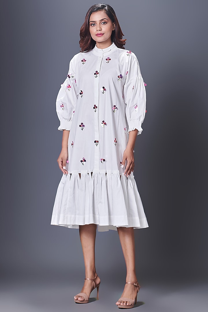 White Cotton Hand Embroidered Dress by Deepika Arora