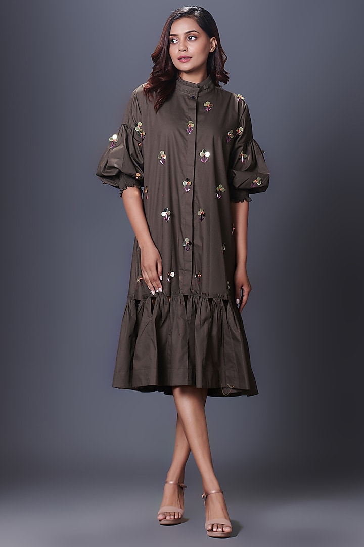 Olive Green Cotton Hand Embroidered Dress by Deepika Arora