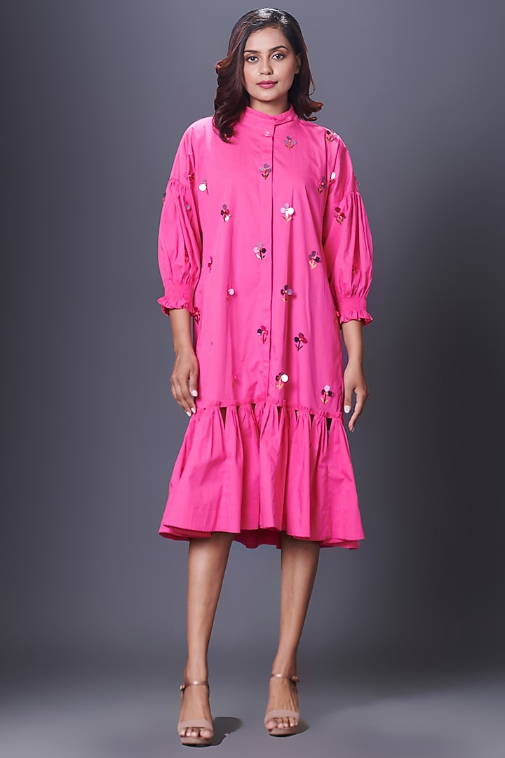 Pink Cotton Hand Embroidered Dress by Deepika Arora