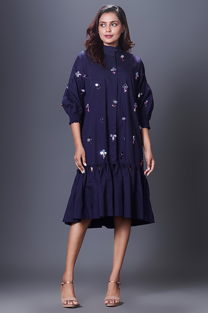 Purple Cotton Hand Embroidered Dress by Deepika Arora