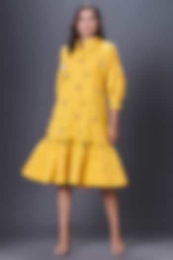 Yellow Cotton Hand Embroidered Dress by Deepika Arora