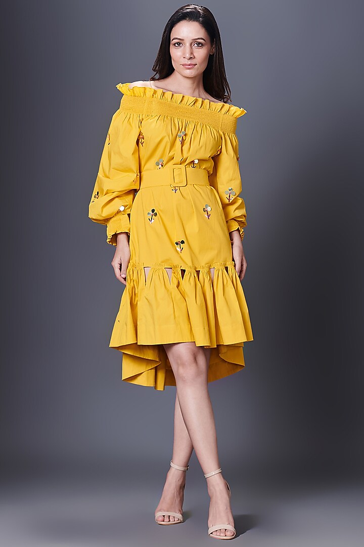 Yellow Cotton Off-Shoulder Hand Embroidered Dress by Deepika Arora