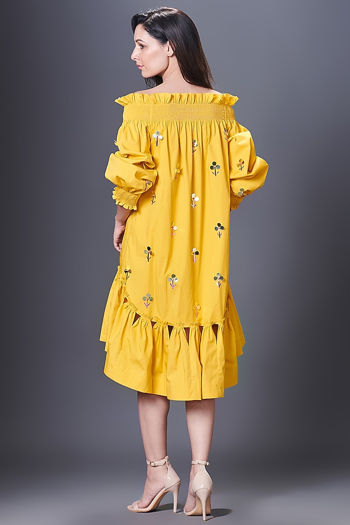 Yellow Cotton Off-Shoulder Hand Embroidered Summer Dress by Deepika Arora at Pernia's Pop Up Shop