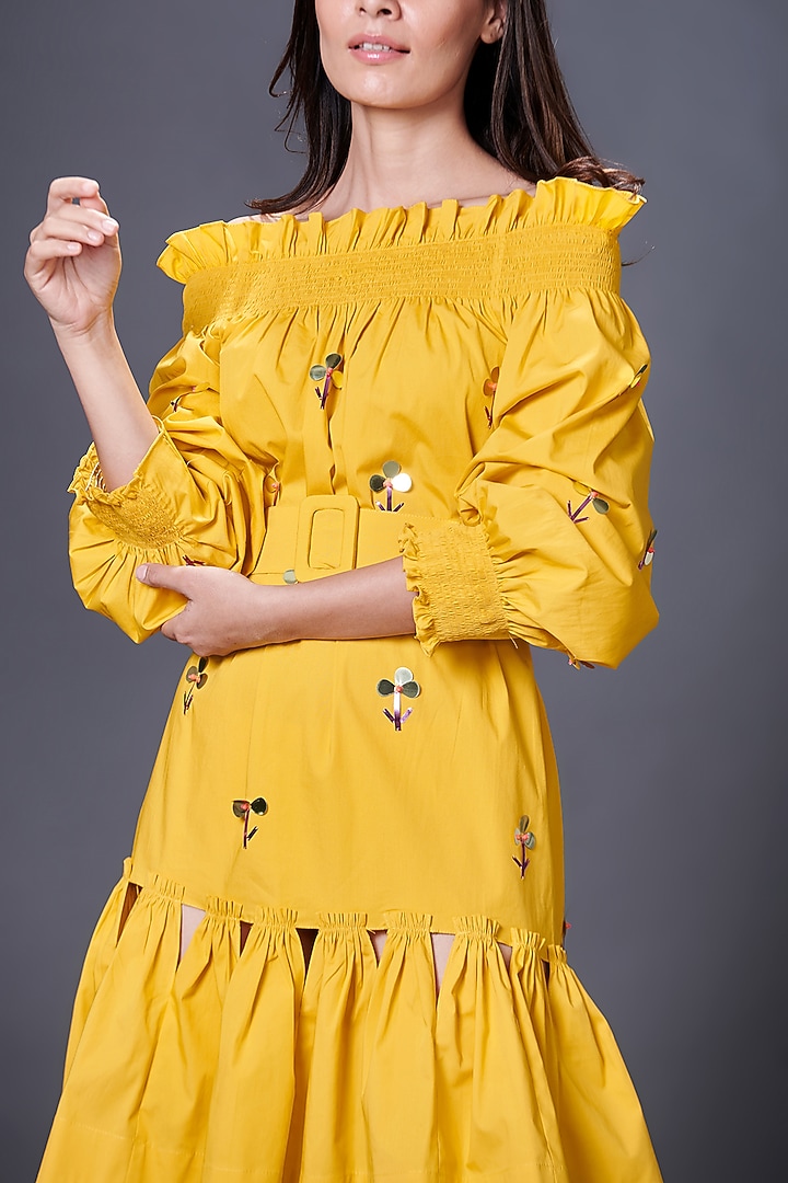 Yellow Cotton Off-Shoulder Hand Embroidered Summer Dress by Deepika Arora at Pernia's Pop Up Shop