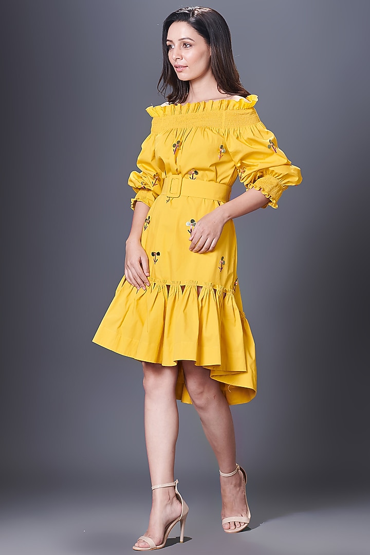 Yellow Cotton Off-Shoulder Hand Embroidered Summer Dress by Deepika Arora at Pernia's Pop Up Shop