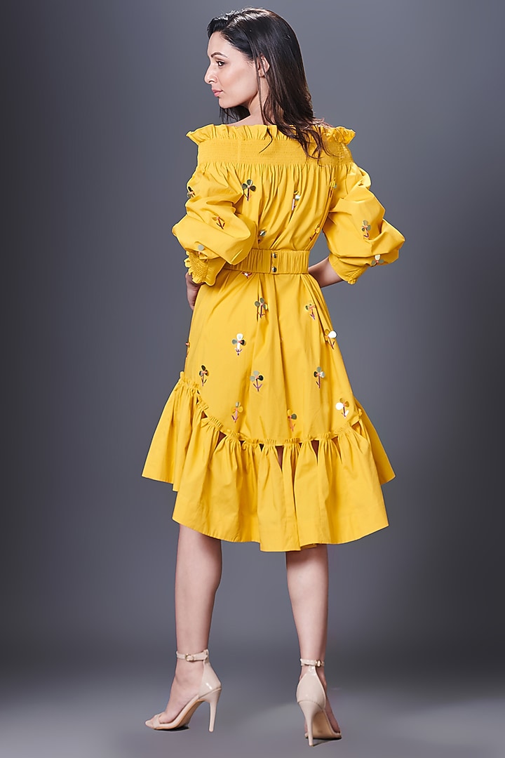 Yellow Cotton Off-Shoulder Hand Embroidered Summer Dress by Deepika Arora at Pernia's Pop Up Shop
