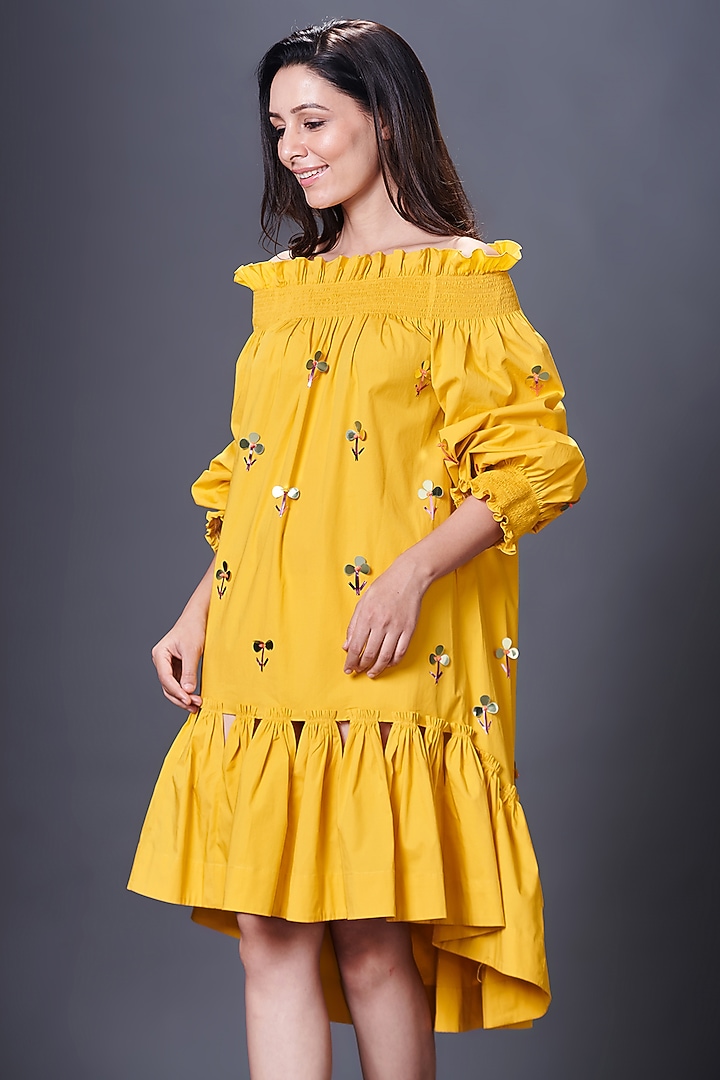 Yellow Cotton Off-Shoulder Hand Embroidered Summer Dress by Deepika Arora at Pernia's Pop Up Shop